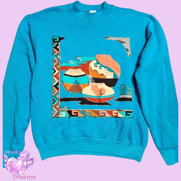 Vintage womens M crew neck Aztec abstract patchwork blue long sleeve sweater - Picture 1 of 6